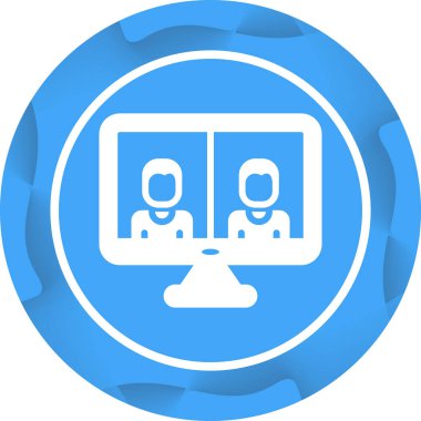 İş görüşmesi ikonu, vektör illüstrasyonu. Video konferans ikonu. Bilgisayar ekranındaki insanlar. Merkez Ofis  