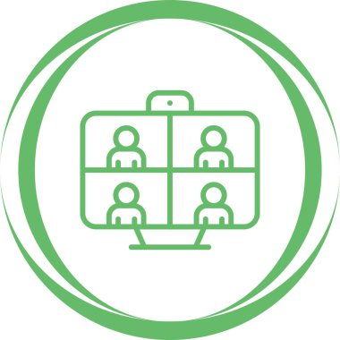 İş görüşmesi ikonu, vektör illüstrasyonu. Video konferans ikonu. Bilgisayar ekranındaki insanlar. Merkez Ofis  