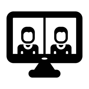 İş görüşmesi ikonu, vektör illüstrasyonu. Video konferans ikonu. Bilgisayar ekranındaki insanlar. Merkez Ofis  