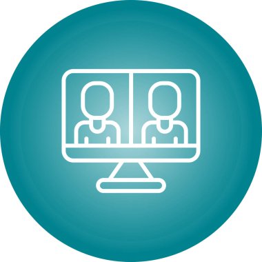 İş görüşmesi ikonu, vektör illüstrasyonu. Video konferans ikonu. Bilgisayar ekranındaki insanlar. Merkez Ofis  