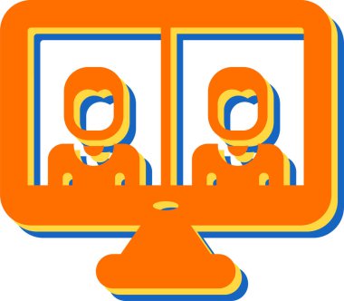 İş görüşmesi ikonu, vektör illüstrasyonu. Video konferans ikonu. Bilgisayar ekranındaki insanlar. Merkez Ofis  