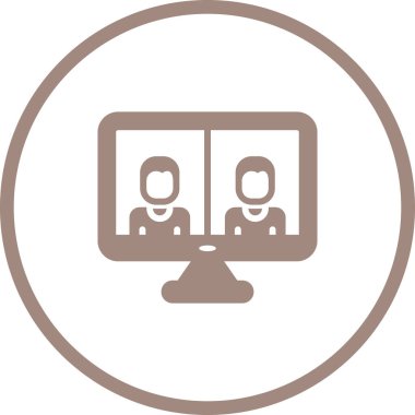 İş görüşmesi ikonu, vektör illüstrasyonu. Video konferans ikonu. Bilgisayar ekranındaki insanlar. Merkez Ofis  