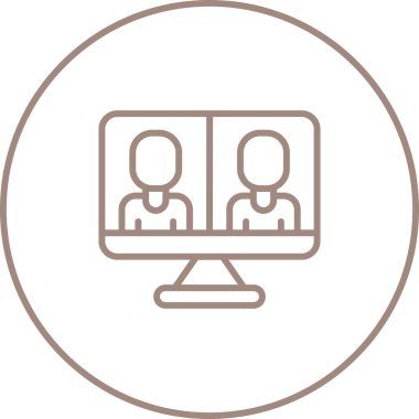 İş görüşmesi ikonu, vektör illüstrasyonu. Video konferans ikonu. Bilgisayar ekranındaki insanlar. Merkez Ofis  