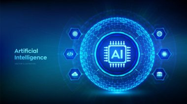 Al. Altıgen şebeke desenli küre şeklindeki yapay zeka. Makine Öğrenme Konsepti. Büyük veri yeniliği teknolojisi. Sinirsel ağlar. Yapay zeka ve sanal teknoloji. Vektör illüstrasyonu