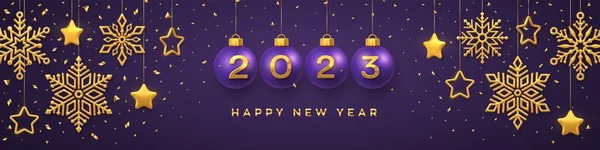 Šťastný Nový Rok2023 Visící Fialové Vánoční Cetky Realistickými Zlatými Čísla2023 — Stockový vektor