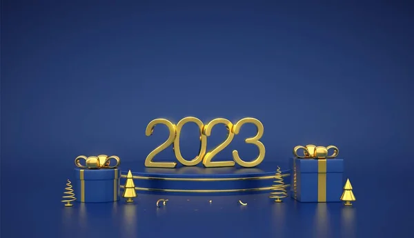 Happy New 2023 Year Golden Metallic Numbers 2023 Blue Stage — Stock Vector