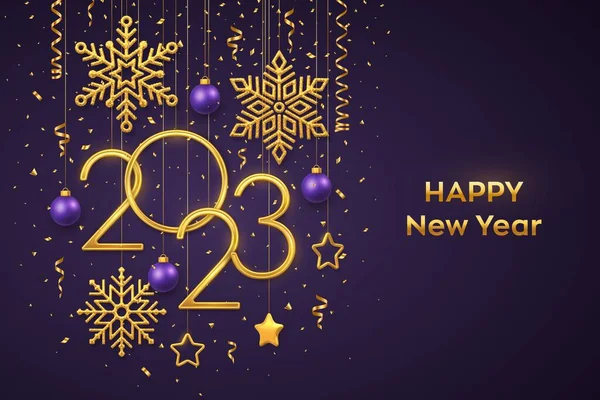 Šťastný Nový Rok2023 Visící Zlatá Kovová Čísla 2023 Zářícími Sněhovými — Stockový vektor