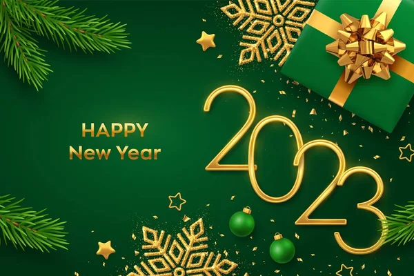 Happy New 2023 Year Golden Metallic Numbers 2023 Gift Box — Stock Vector