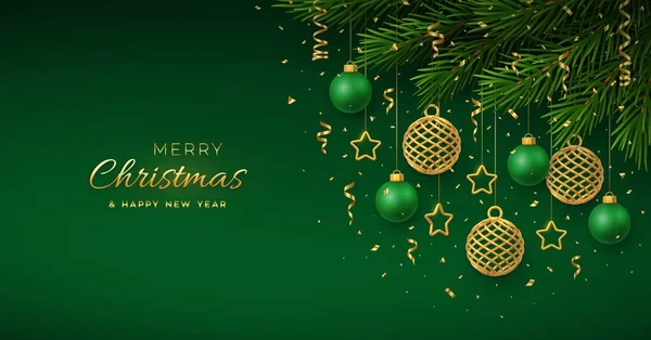 輝く黄金と緑のボール 金の金属の星 コンフェッティ 松の枝をぶら下げクリスマスの背景 メリークリスマスのグリーティングカード ホリデークリスマスと新年のポスター カバー バナー ベクトル — ストックベクタ