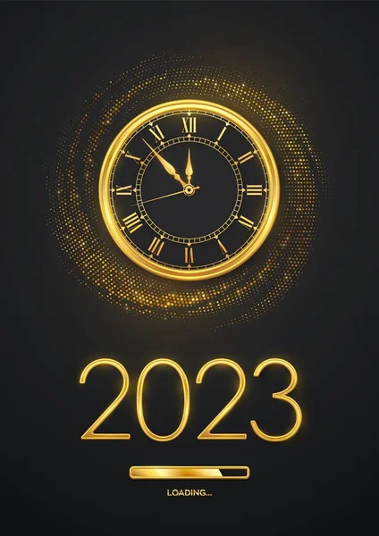 Gelukkig Nieuwjaar 2023 Gouden Metallic Nummers 2023 Gouden Horloge Met — Stockvector
