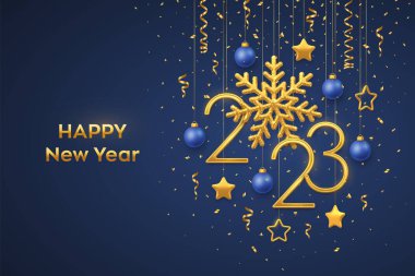 Mutlu 2023 yılları. Parlak kar taneleri ve mavi arka planda konfetiyle 2023 numaralı altın metalik asılıydı. Yeni yıl tebrik kartı ya da afiş şablonu. Tatil dekorasyonu. Vektör illüstrasyonu