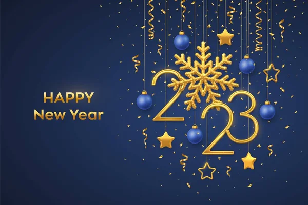 Šťastný Nový Rok2023 Visící Zlatá Kovová Čísla 2023 Zářící Sněhovou — Stockový vektor