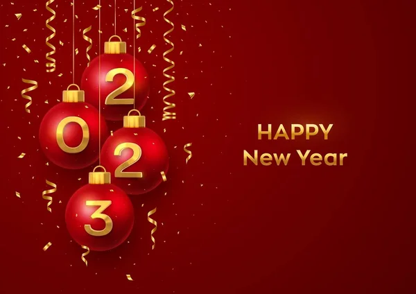Feliz Ano Novo 2023 Pendurado Bolas Bugiganga Natal Vermelho Com — Vetor de Stock