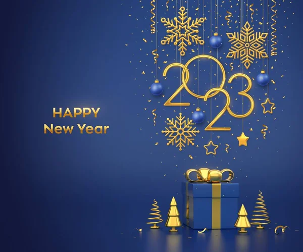 Feliz Año Nuevo 2023 Colgando Números Metálicos Dorados 2023 Con — Archivo Imágenes Vectoriales