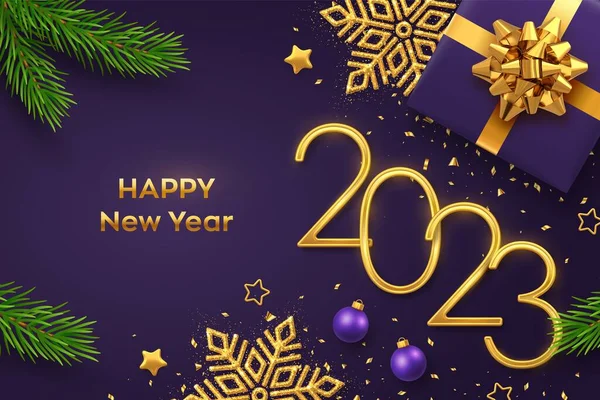 2023年新年明けましておめでとうございます ギフトボックス 輝く雪の結晶 松の枝 ボールと紫色の背景に紙吹雪と黄金の金属番号2023 お正月のグリーティングカードやバナーテンプレート ベクトル — ストックベクタ