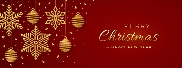輝く黄金の雪の結晶とボールをぶら下げクリスマスの赤い背景 メリークリスマスのグリーティングカード ホリデークリスマスと新年のポスター Webバナー ベクターイラスト — ストックベクタ