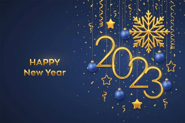 Καλή Χρονιά 2023 Κρεμαστά Χρυσά Μεταλλικά Νούμερα 2023 Λαμπερή Νιφάδα — Διανυσματικό Αρχείο