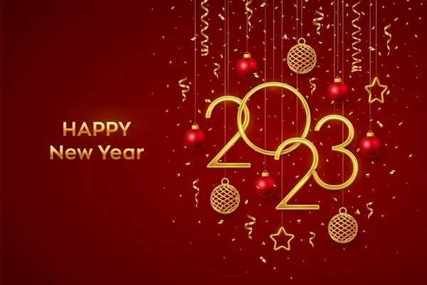 2023年新年明けましておめでとうございます 赤い背景に輝く3D金属の星 ボール コンフェッティで黄金の金属数2023をぶら下げています 新年のグリーティングカード バナーテンプレート リアルなベクトルイラスト — ストックベクタ