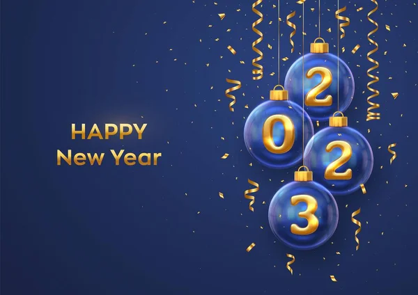 Happy New Year 2023. Golden metal 3D numbers 2023 in glass bauble. Hanging Christmas balls and glitter confetti. Greeting card. Holiday Xmas and New Year poster, banner, flyer. Vector Illustration