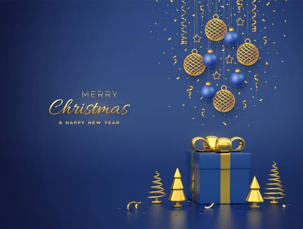 Feliz Tarjeta Navidad Pancarta Con Colgante Brillante Oro Bolas Azules — Archivo Imágenes Vectoriales