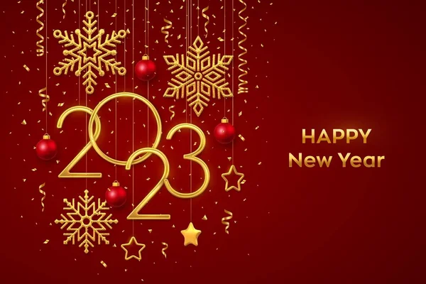 新的2023年快乐 挂着金牌号2023 闪烁着雪花 3D金属星 红色背景上的球和彩霞 新年贺卡或横幅模板 — 图库矢量图片
