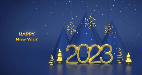 Šťastný Nový Rok2023 Zlatá Metalická Čísla 2023 Kovovou Kuželovitou Borovicí — Stockový vektor