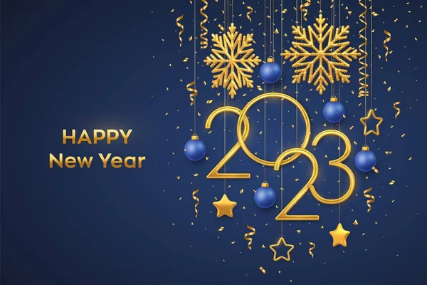Καλή Χρονιά 2023 Κρεμαστά Χρυσά Μεταλλικά Νούμερα 2023 Λαμπερές Νιφάδες — Διανυσματικό Αρχείο