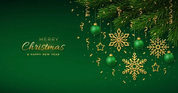 黄金の雪片や緑のボール 金の金属の星 コンフェッティ 松の枝をぶら下げクリスマスの背景 メリークリスマスのグリーティングカード ホリデークリスマスの新年のポスター カバー バナー ベクトル — ストックベクタ