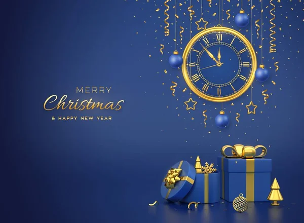 Feliz Tarjeta Navidad Reloj Con Número Romano Cuenta Atrás Medianoche — Archivo Imágenes Vectoriales