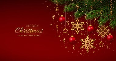 Altın kar taneleri, kırmızı toplar, altın metalik yıldızlar, konfeti, çam dalları olan bir Noel arkaplanı. Mutlu noel tebrik kartları. Yılbaşı tatili posteri, kapak, afiş. Vektör