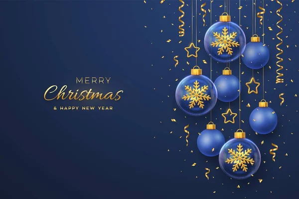 Vrolijk Kerstfeest Wenskaart Gouden Glanzende Sneeuwvlokken Een Glazen Kerstbal Kerst — Stockvector