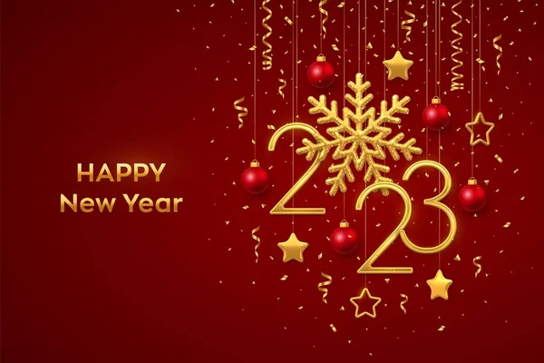 2023年新年明けましておめでとうございます 赤い背景に輝く雪の結晶とコンフェッティと黄金の金属番号2023をぶら下げています お正月のグリーティングカードやバナーテンプレート 休日の装飾 ベクターイラスト — ストックベクタ
