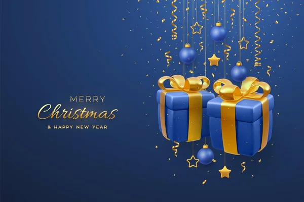 Banner Navidad Con Cajas Regalo Con Arcos Dorados Estrellas Metálicas — Vector de stock
