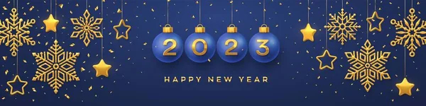 Šťastný Nový Rok2023 Visící Modré Vánoční Cetky Realistickými Zlatými Čísla2023 — Stockový vektor