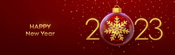 新年快乐2023 金色金属3D数字2023与金光闪闪的三维雪片在圣诞玻璃易碎 问候卡 圣诞节和新年海报 病媒图解 — 图库矢量图片
