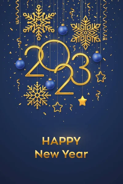 新的2023年快乐 挂着金牌号2023 闪烁着雪花 3D金属星 蓝色背景上的球和圆球 新年贺卡或横幅模板 — 图库矢量图片