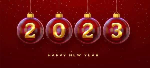 新年快乐2023 玻璃瓶中的金金属3D编号2023 挂着圣诞球和闪闪发光的意大利面 问候卡 圣诞节和新年海报 病媒图解 — 图库矢量图片