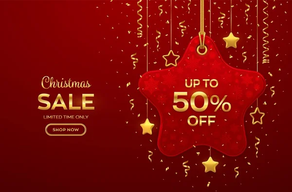 Vánoční Silvestrovská Prodejní Cena Realistická Červená Značka Visící Zlatém Laně — Stockový vektor