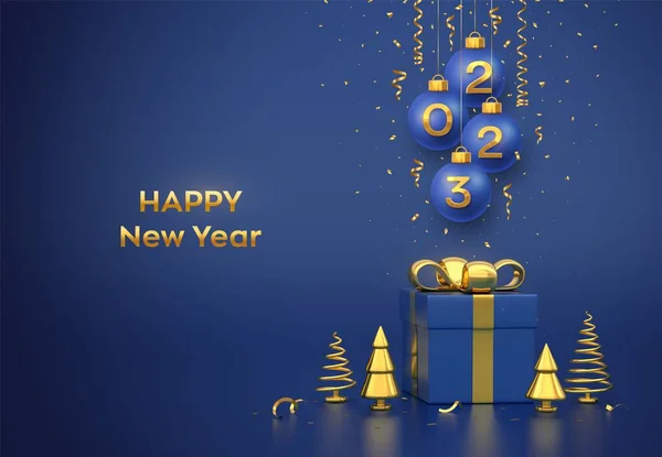 Καλή Χρονιά 2023 Κρεμαστά Blue Χριστούγεννα Μπάλες Μπιχλιμπίδι Ρεαλιστικό Χρυσό — Διανυσματικό Αρχείο