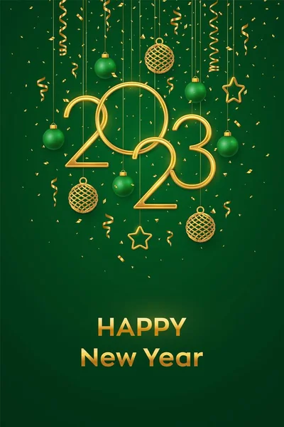 Šťastný Nový Rok2023 Visící Zlatá Kovová Čísla 2023 Zářícími Metalickými — Stockový vektor