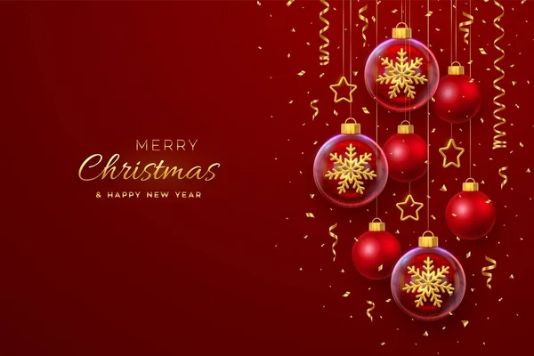 メリークリスマスのグリーティングカード ガラスの泡の中に金色の輝く3D雪片 金の星とボールをぶら下げてクリスマスの赤い背景 休日のクリスマス 新年のバナー チラシ ベクターイラスト — ストックベクタ