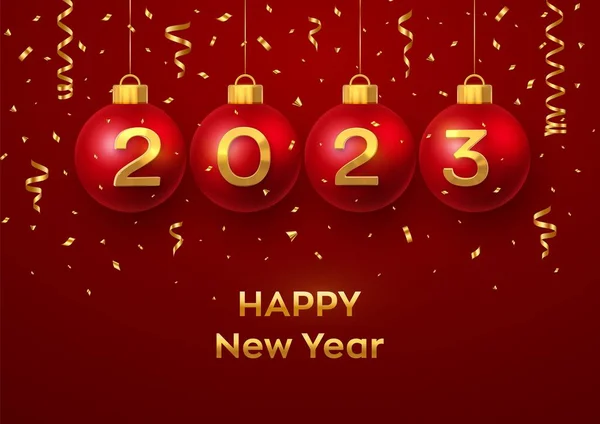 Happy New Year 2023. Hanging Red Christmas bauble balls with realistic golden 3d numbers 2023 and glitter confetti. Greeting card. Holiday Xmas and New Year poster, banner, flyer Vector Illustration