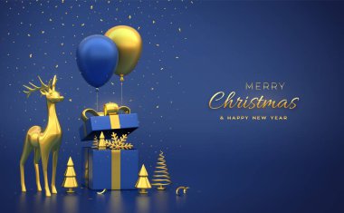 Noel afişi. Açık hediye kutusu, altın geyik, kar tanesi, metalik çam, ladin ağaçları, şenlikli helyum balonları. Yeni yıl çamı köknarı, çam ağaçları. Xmas geçmişi. Vektör 3 boyutlu illüstrasyon