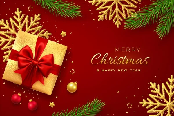 クリスマスのバナー 赤い弓 輝く雪の結晶 金の星 松の枝 コンフェッティ ボールと現実的な金のギフトボックス Xmasの背景 水平ポスター グリーティングカード — ストックベクタ