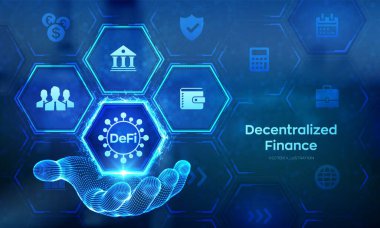 DeFi. Ademi merkeziyet. Engelleme zinciri, merkezi olmayan finansal sistem. Tel çerçeveli iş teknolojisi konsepti. Vektör illüstrasyonu