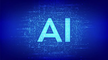 AI. Artificial intelligence. Letters AI made with binary code. Machine learning technology. Binary data and streaming digital code background. Matrix background with digits 1.0. Vector illustration