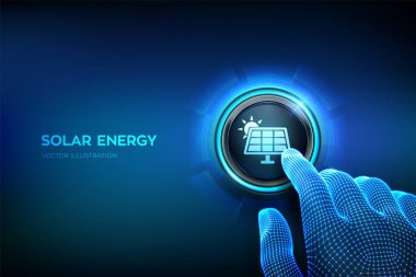 Solar energy. Solar PV panel power plant station icon. Renewable sustainable photovoltaic solar park energy generation concept. Closeup finger about to press a button. Vector illustration