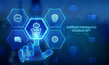 ChatGPT. Yapay Zeka ile GPT Chatbot Sohbeti. Yazılım otomasyon teknolojisi, online iş için müşteri destek merkezi. Telli el dijital arayüze dokunuyor. Vektör illüstrasyonu