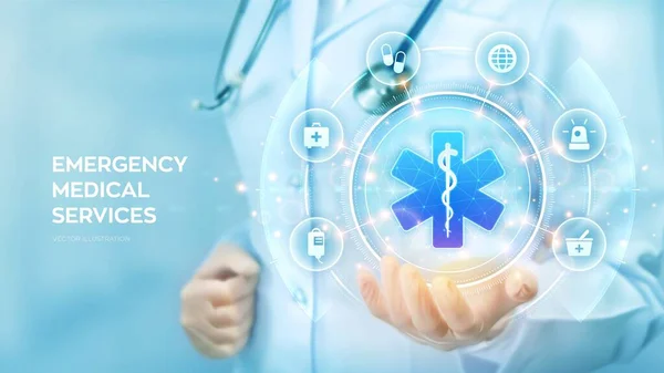 Emergency Medical Services Concept Doctor Holding Hand Emergency Symbol Online —  Vetores de Stock