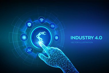 Smart Industry 4.0 konsepti. Fabrika otomasyonu. Özerk endüstriyel teknoloji. Sanayi devrimleri basamakları. Robot el dijital arayüze dokunuyor. Vektör illüstrasyonu